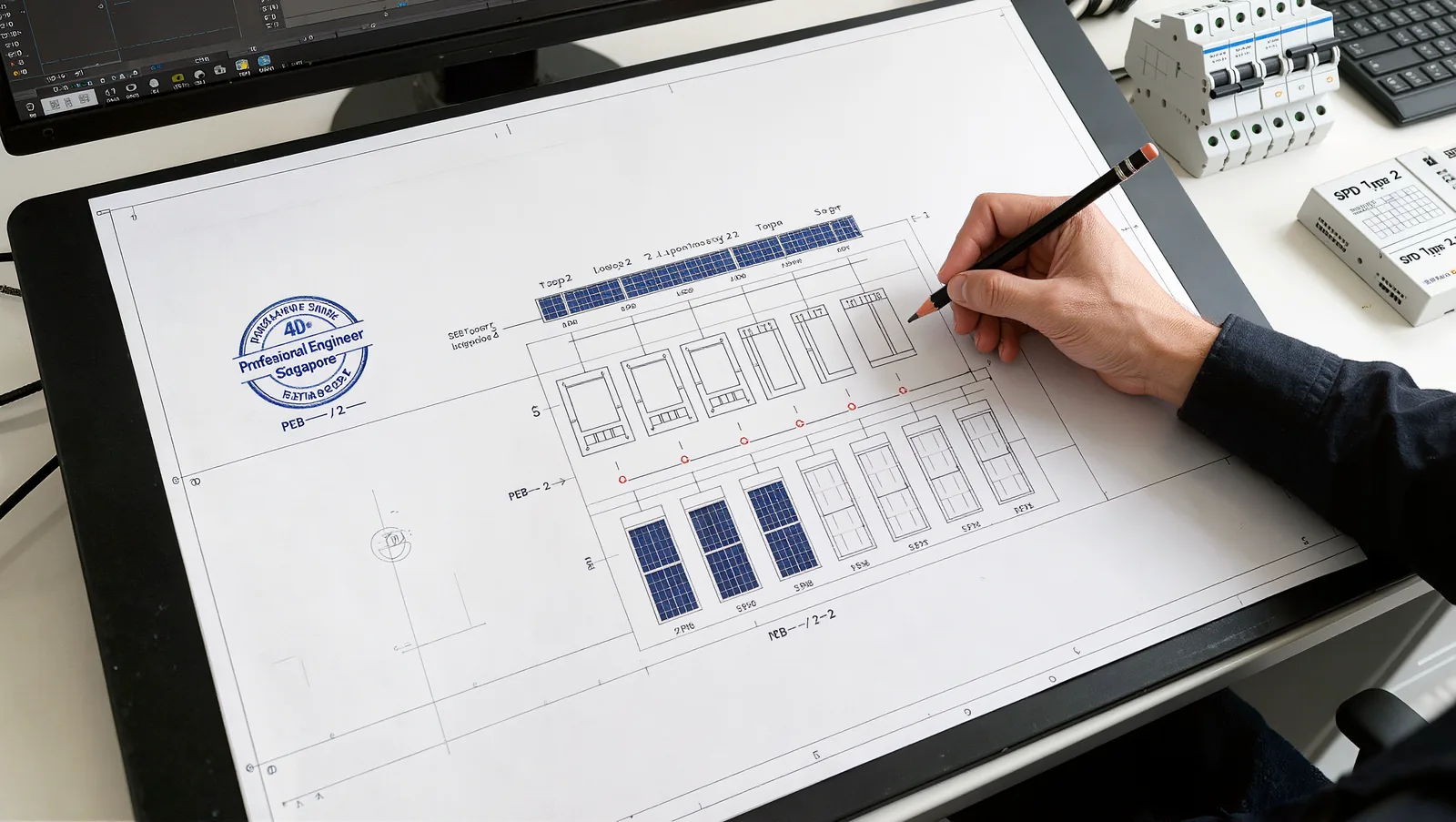 PE-stamped solar PV single-line diagram on a drafting table