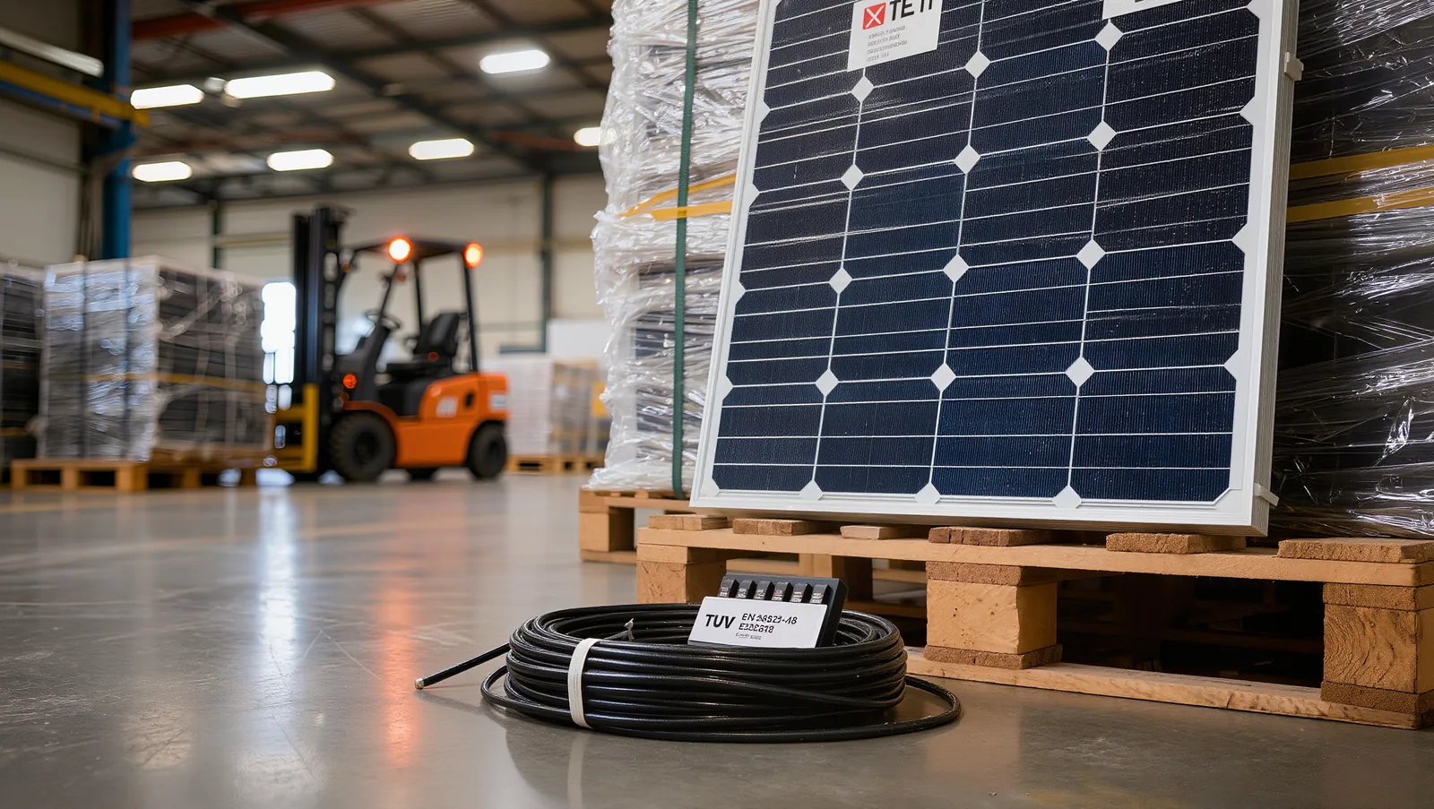 TOPCon bifacial PV modules on pallets ready for site delivery