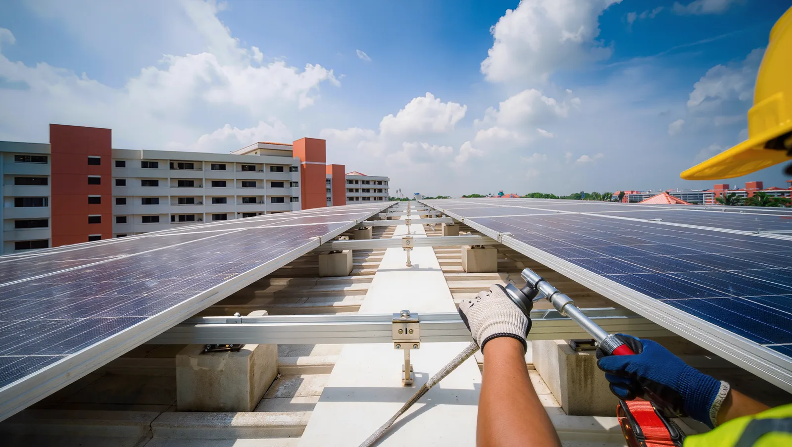 Ballasted east-west PV array installation on a Singapore HDB rooftop
