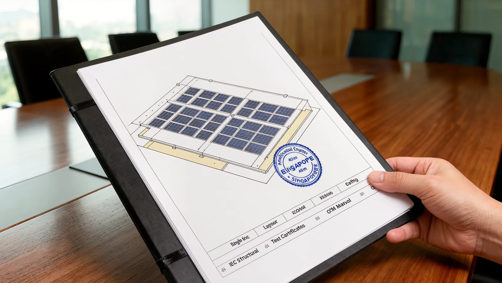 PE-stamped as-built dossier on the handover meeting table