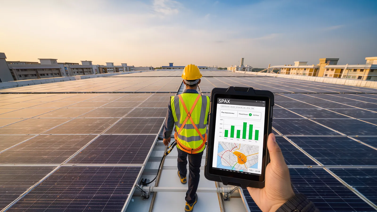 Rooftop technician monitoring solar performance dashboard on a tablet